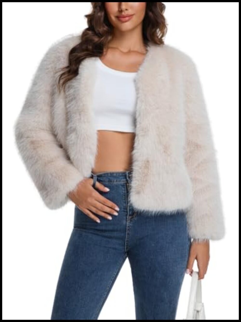 Cropped Faux Fur Jacket Open Front Cardigan Style Long Sleeve Winter Coat